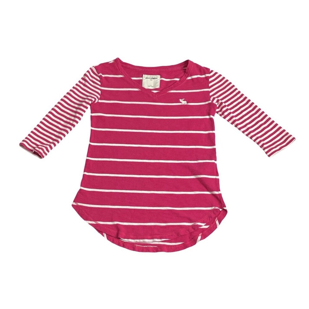 Vintage 2004 Abercrombie Kids Girls Small Pink White Stripe Tee Y2K Moose Preppy